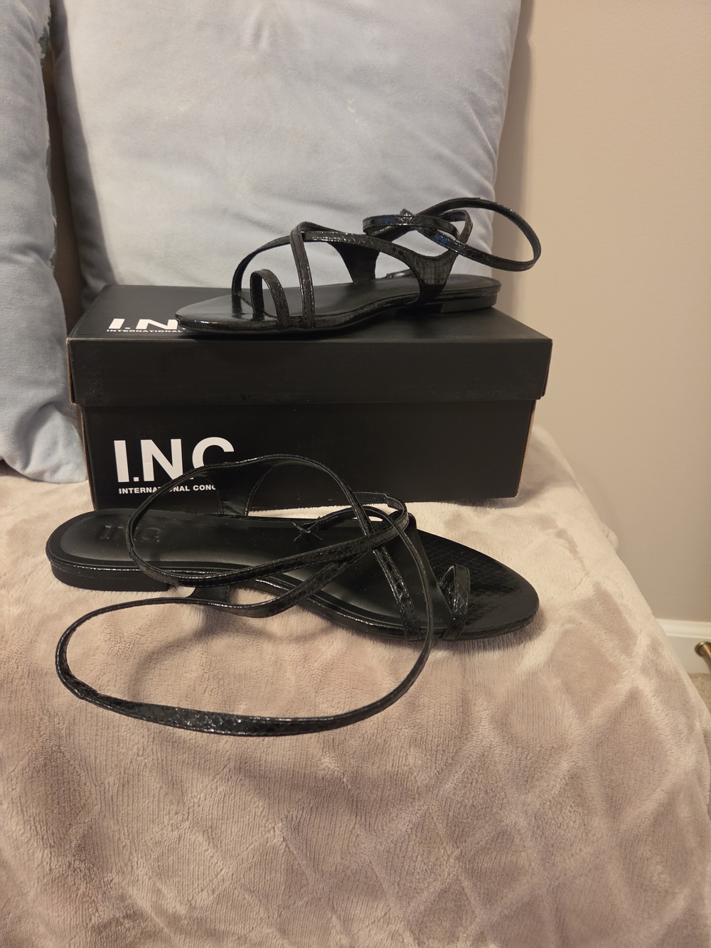 INC International Concepts Black Strappy Lace-Up Sandals